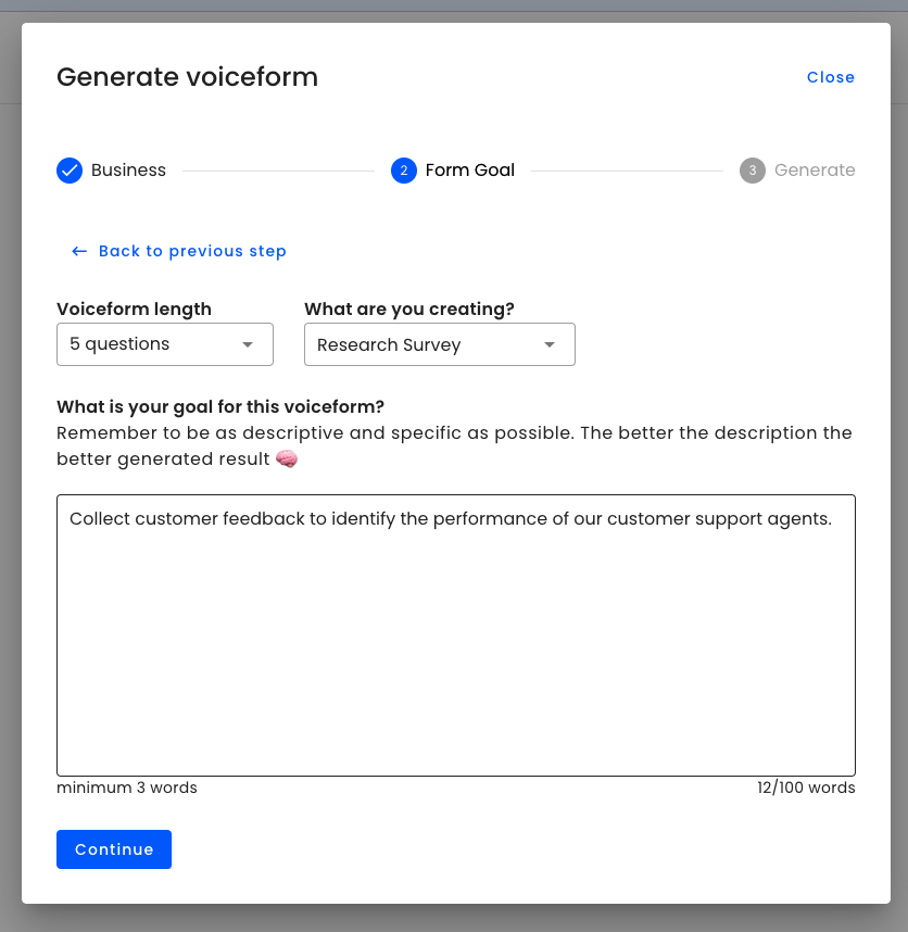 Survey goal step of "Auto-Generate" survey popup