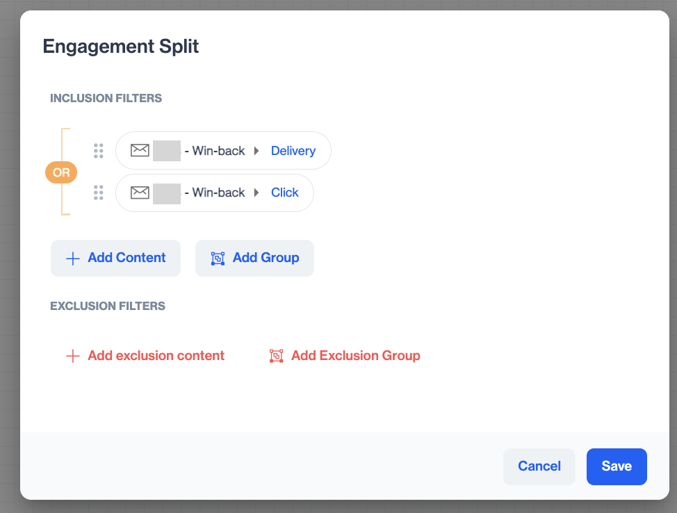  Inclusion Filters section with one saved filter, a nested group with an OR operator badge, and Add Content and Add Group buttons inside the group.