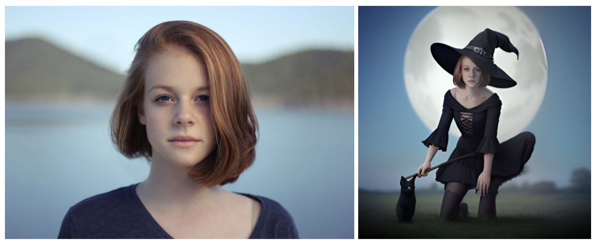 Left: Input image of a face (face_image.jpg). Right: Output image with the prompt “a witch”