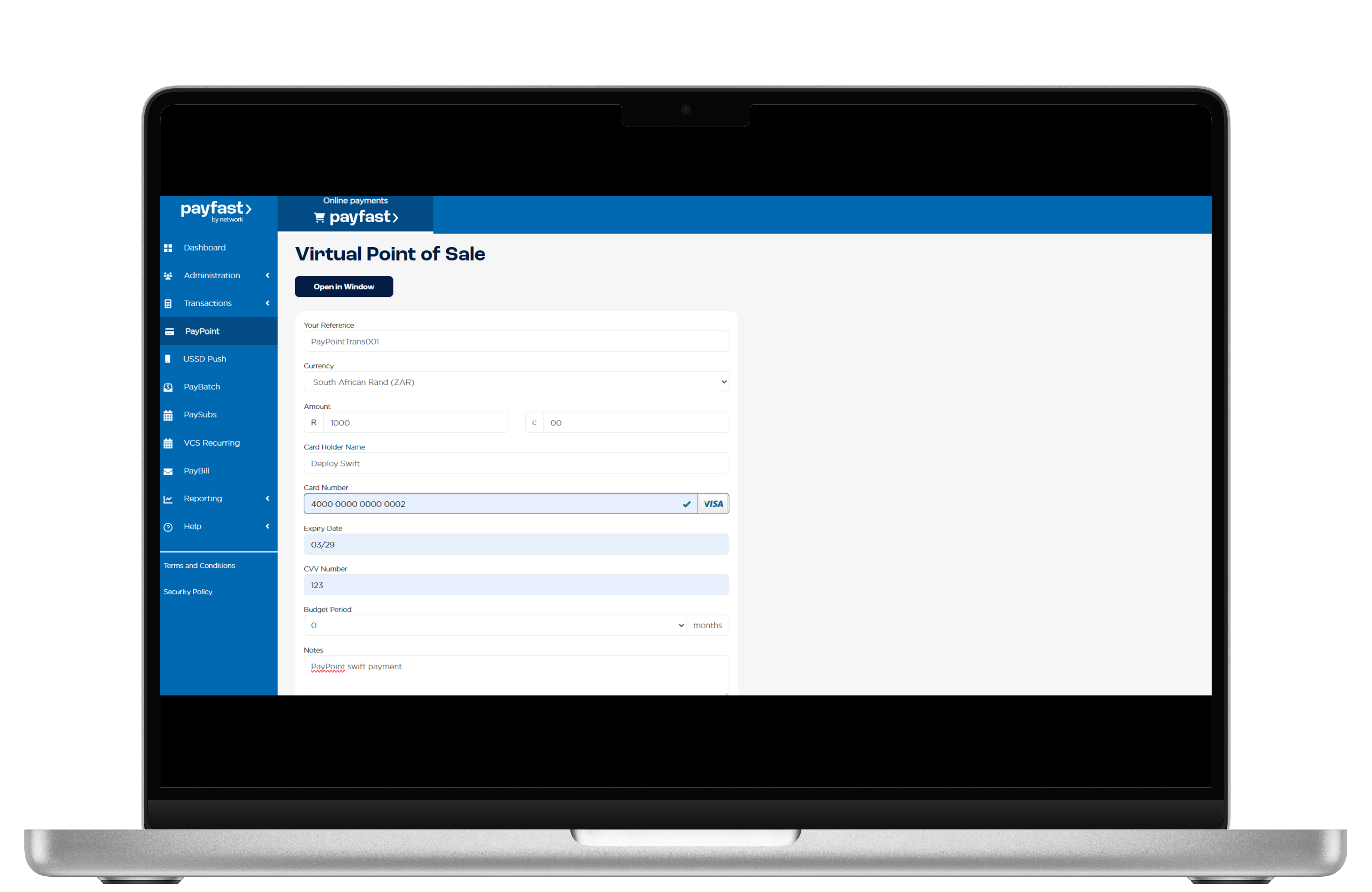 From the Merchant Access Portal, navigate to PayPoint and capture the secure card details.