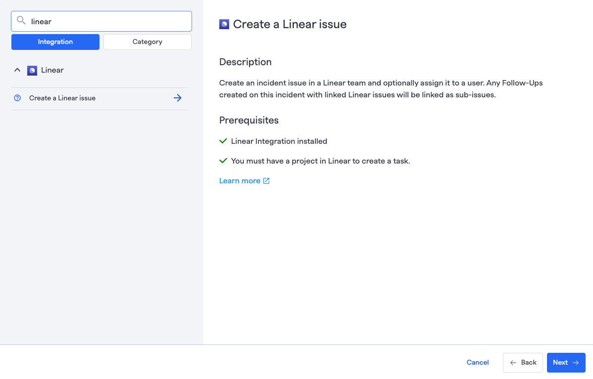 Searching for Linear from the list of available steps