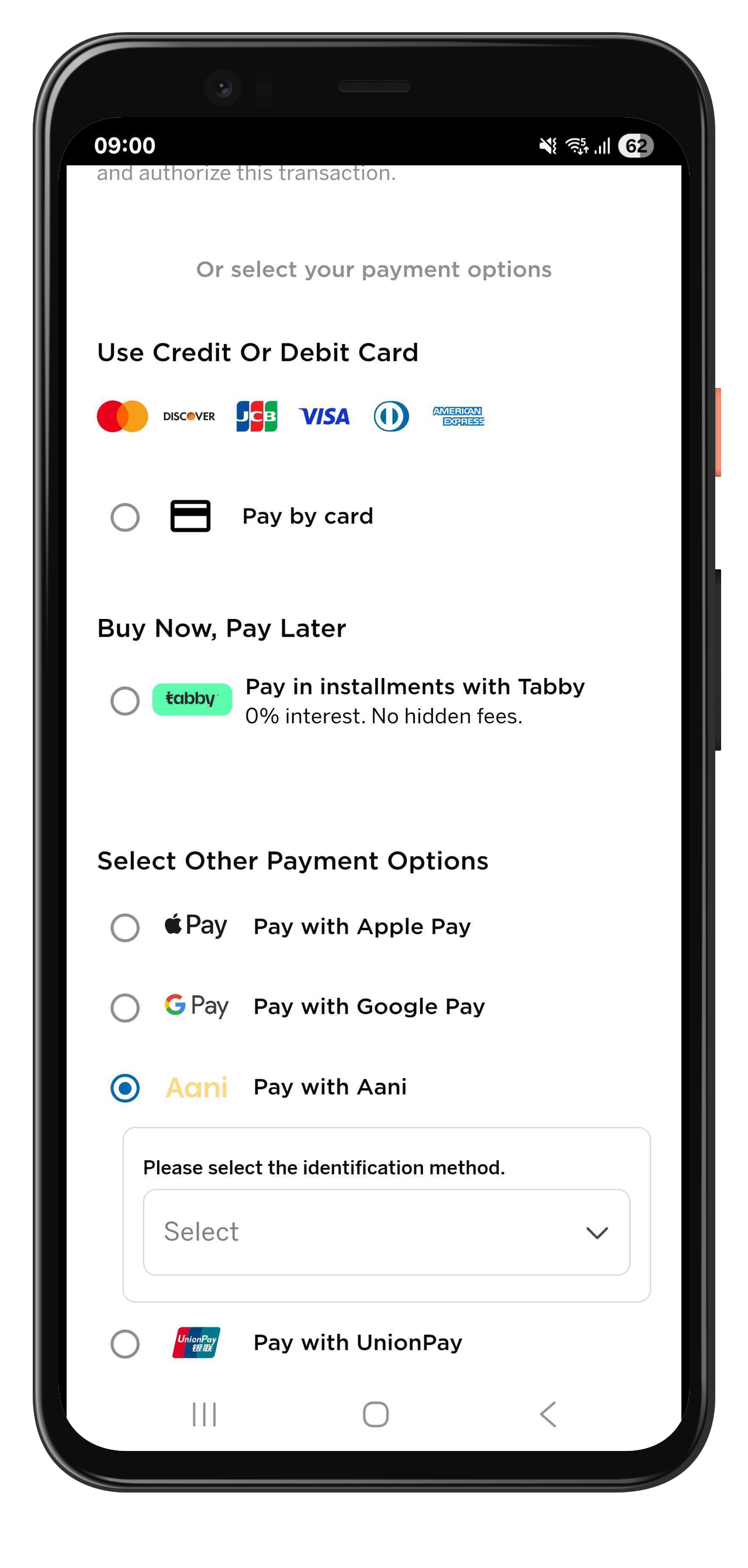Customer selects “Aani” as the payment method on the checkout page.