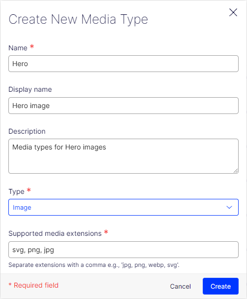 Create new media type dialog box