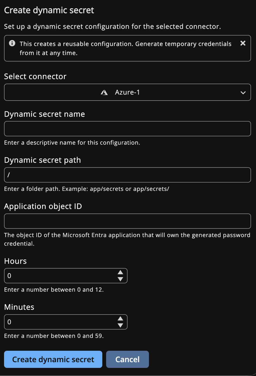Create Dynamic Secret panel with an Azure connector selected, showing Name, Application Object ID, and TTL fields.