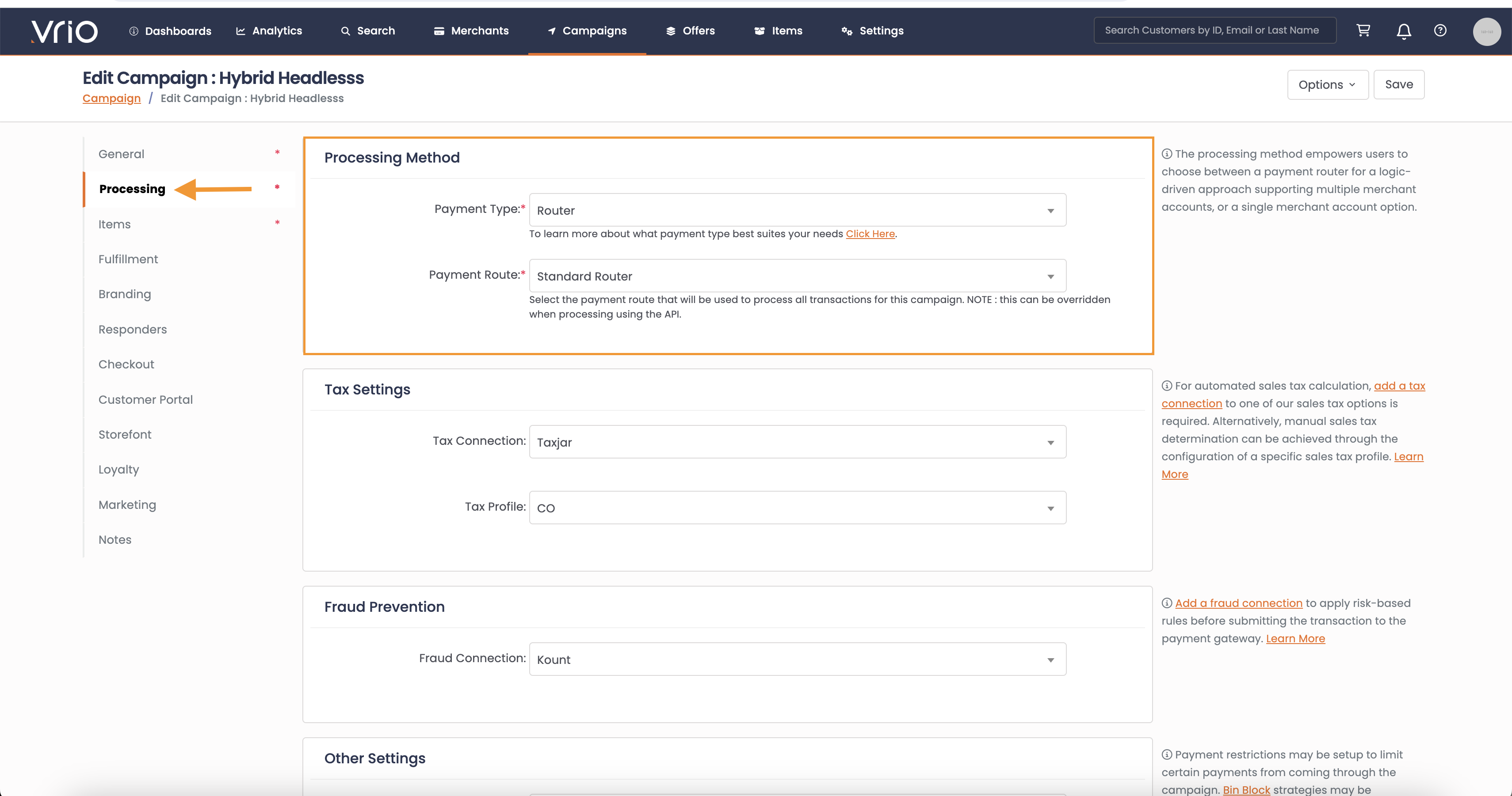 Selecting a Payment Method in Campaign settings