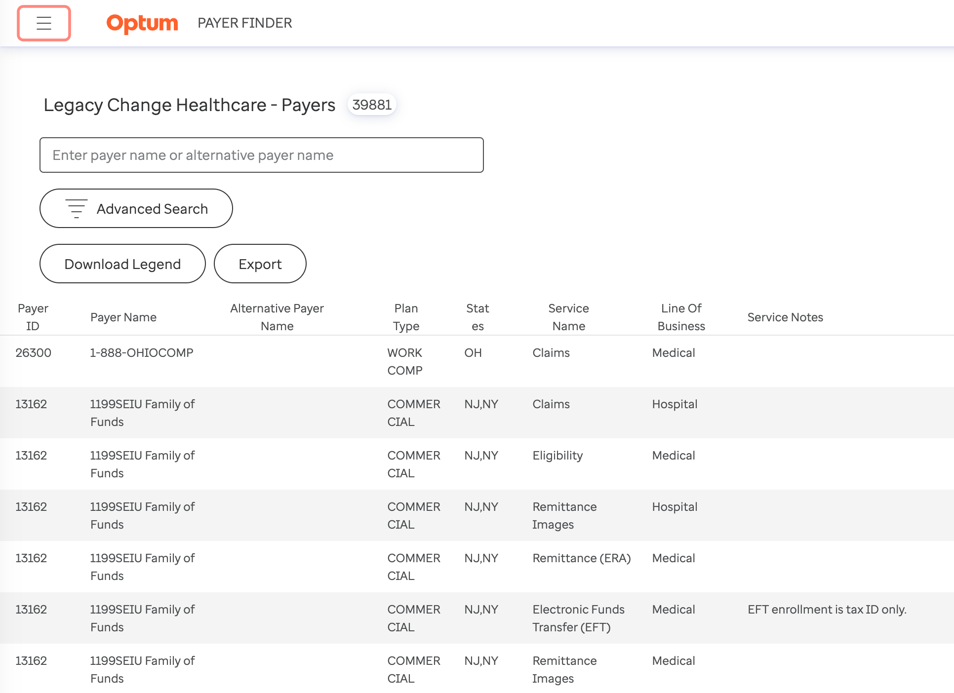 Legacy Change Healthcare, Emdeon, or Ark (NPD) Payer List