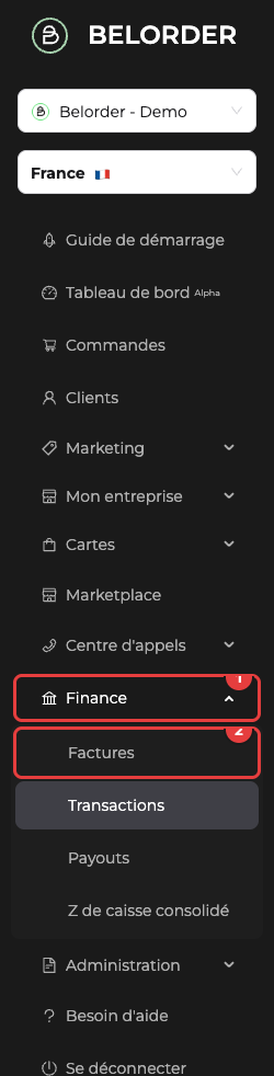 Menu Finance du dashboard, avec Factures en deuxième étape du parcours