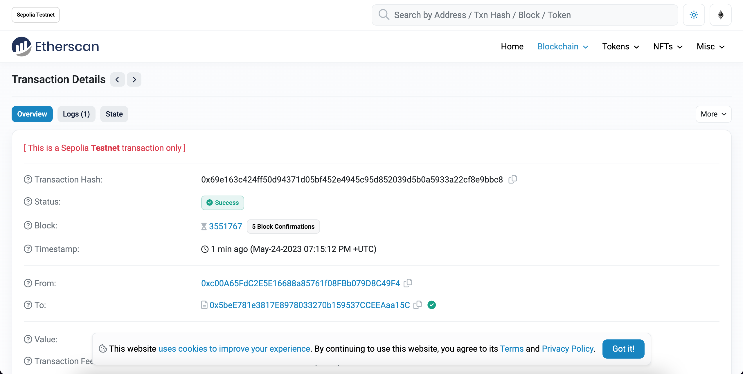 Mint NFT page on Sepolia Etherscan