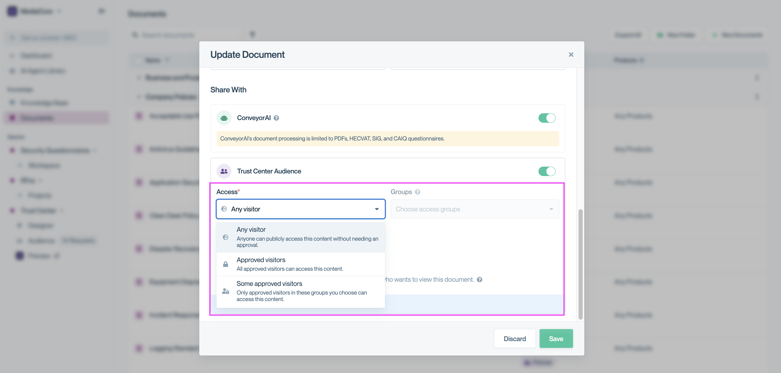 Update Document modal in Conveyor showing the Access dropdown expanded. The dropdown lists the four access levels: Any visitor, Approved visitors, Some approved visitors, and Internal only. The Groups field is inactive because ‘Any visitor’ is selected.