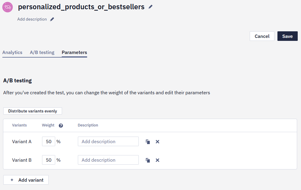 A/B testing parameters with two variants, their weight percentages, and description fields