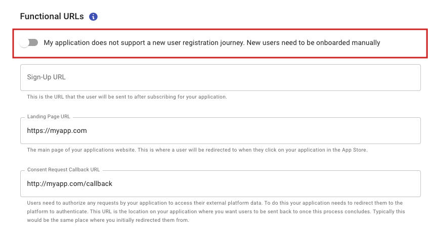 My application does not support a new user registration journey. New users need to be onboarded manually toggle under the Function URLs section of the Basic Details page.