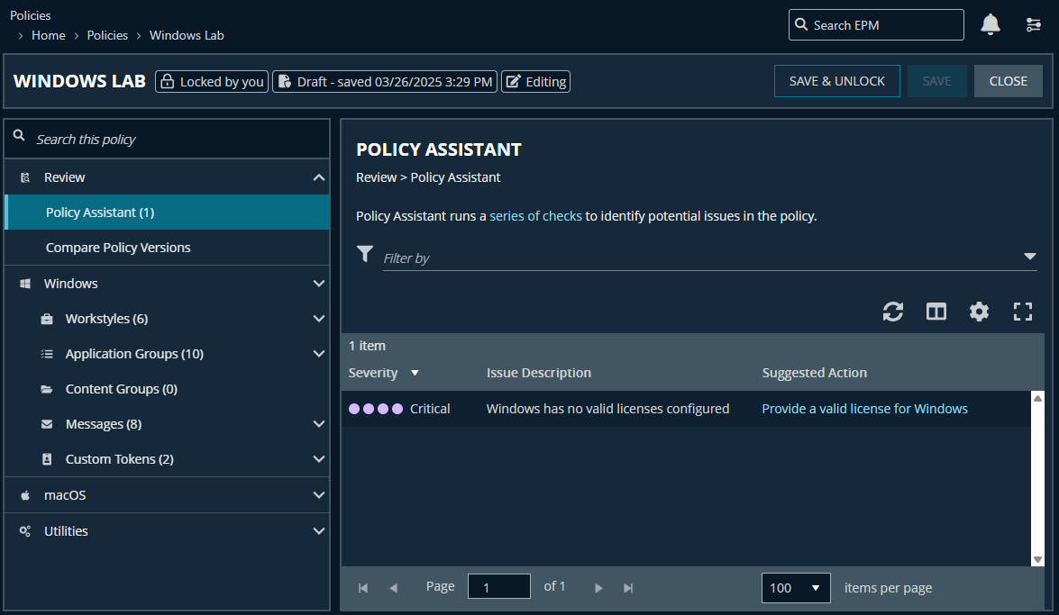 The Policy Assistant page displays issues or conflicts with the policy