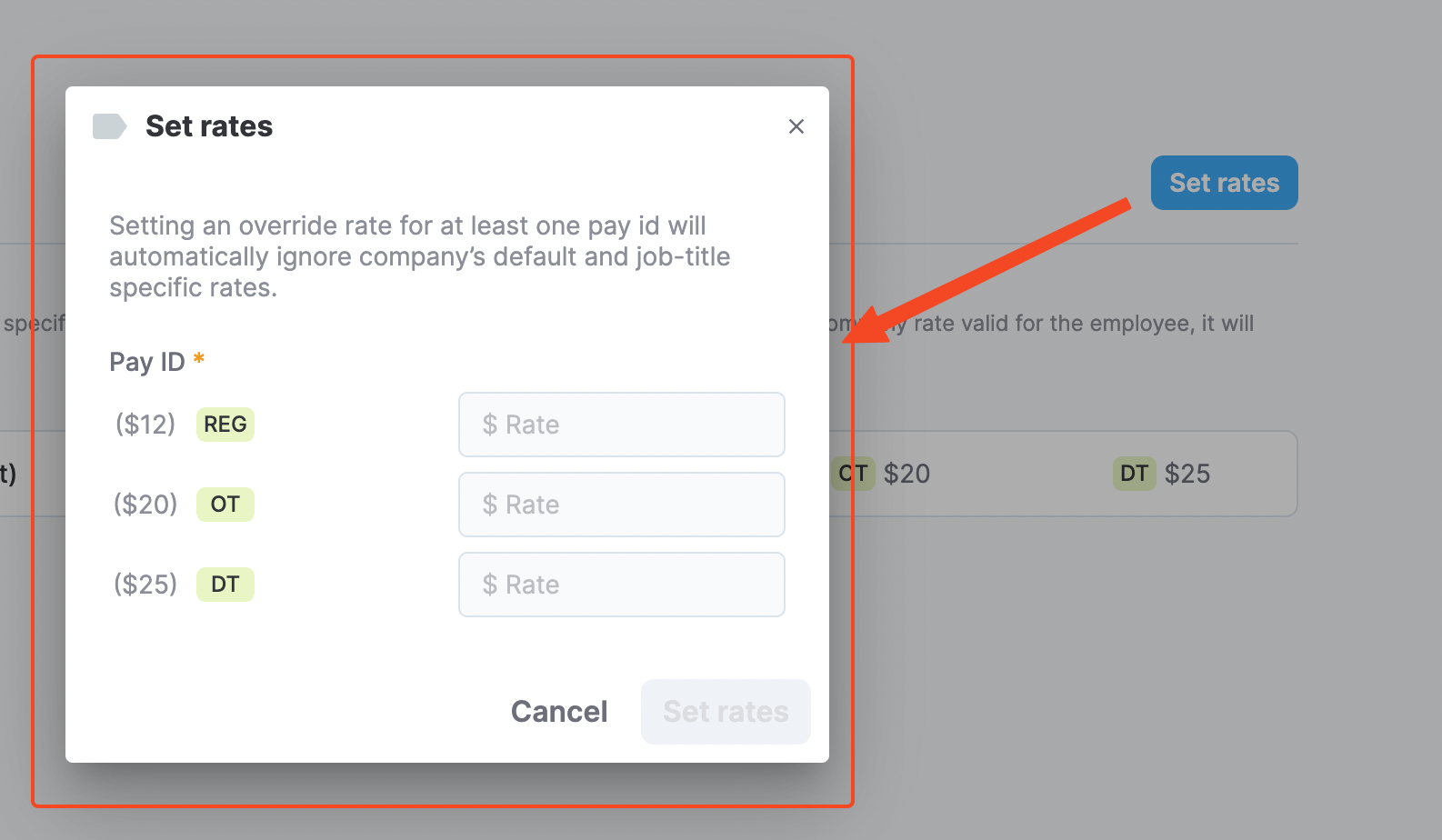 Set rate dialog box