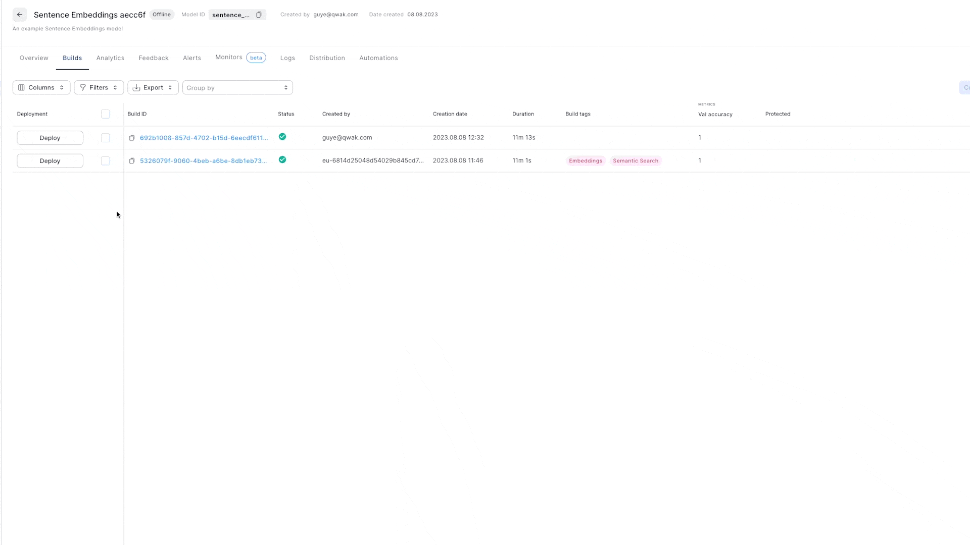 Deploying a real-time model from the UI