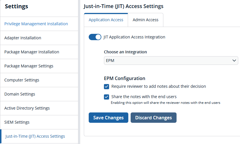 JIT application access settings