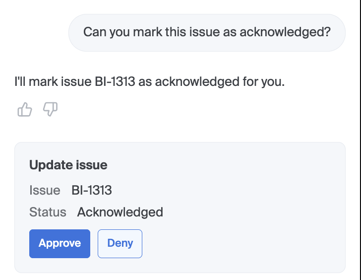 Screenshot of bigAI chat. User has prompted to update an issue, and bigAI chat showed a confirmation step with approve and reject buttons