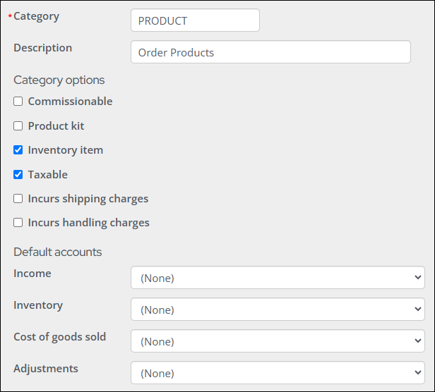 The fields for adding a  new product category contain the details defined in step two.