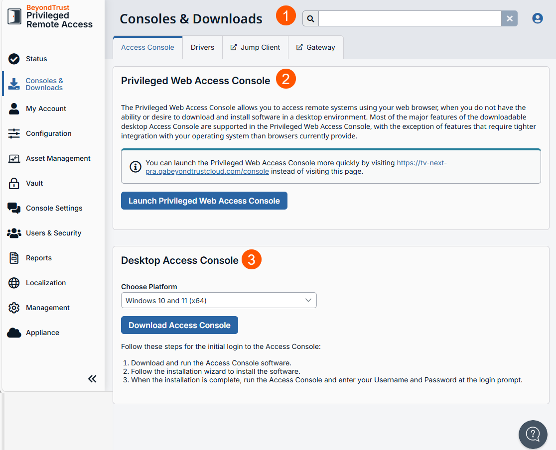 An image of the "Consoles & Downloads" section in the BeyondTrust Privileged Remote Access interface. It includes options to launch the Privileged Web Access Console via a button and direct link, and to download the Desktop Access Console with a platform selection dropdown, a "Download Access Console" button, and step-by-step login instructions