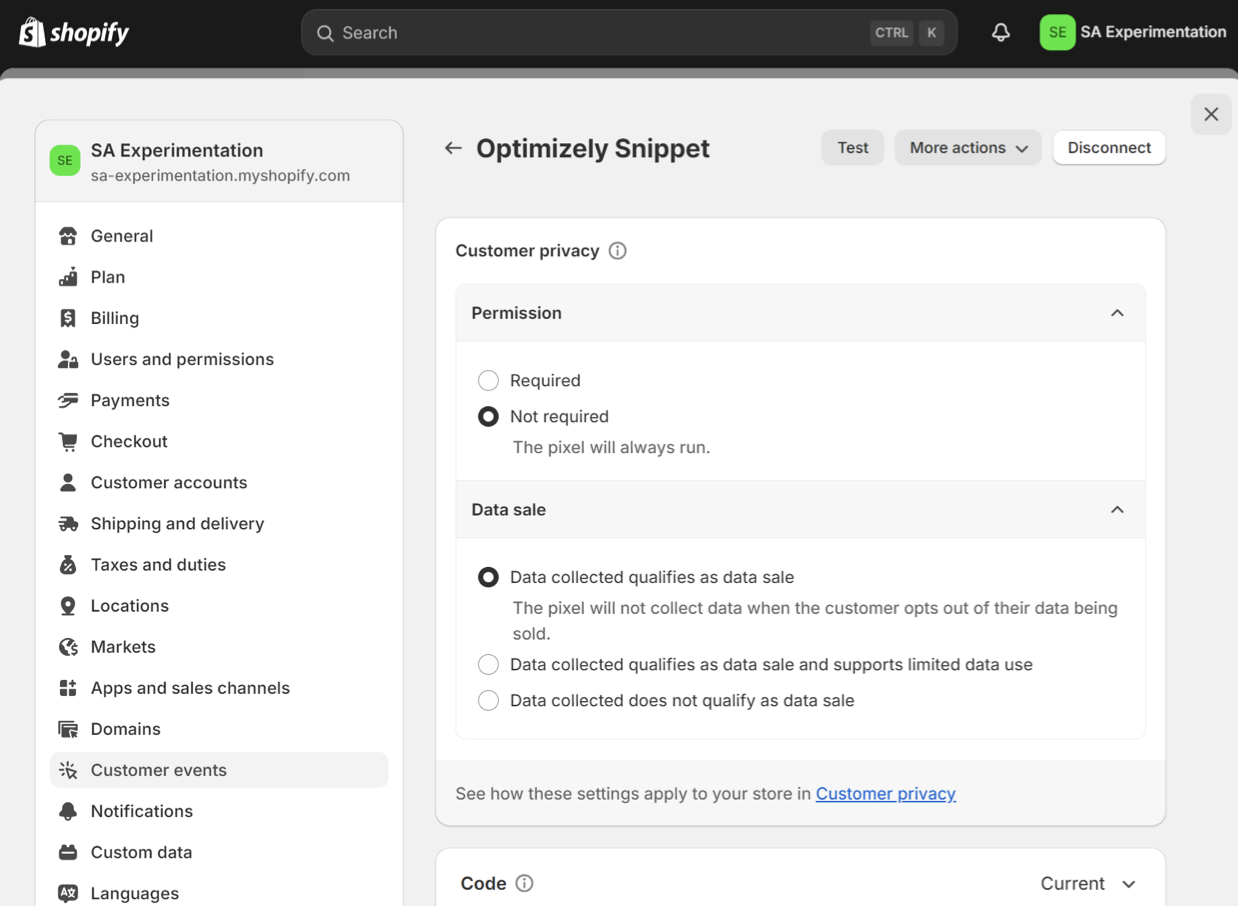 screenshot of a Shopify custom pixel detail page where the Permission, Data sale, and Code field sections are visible