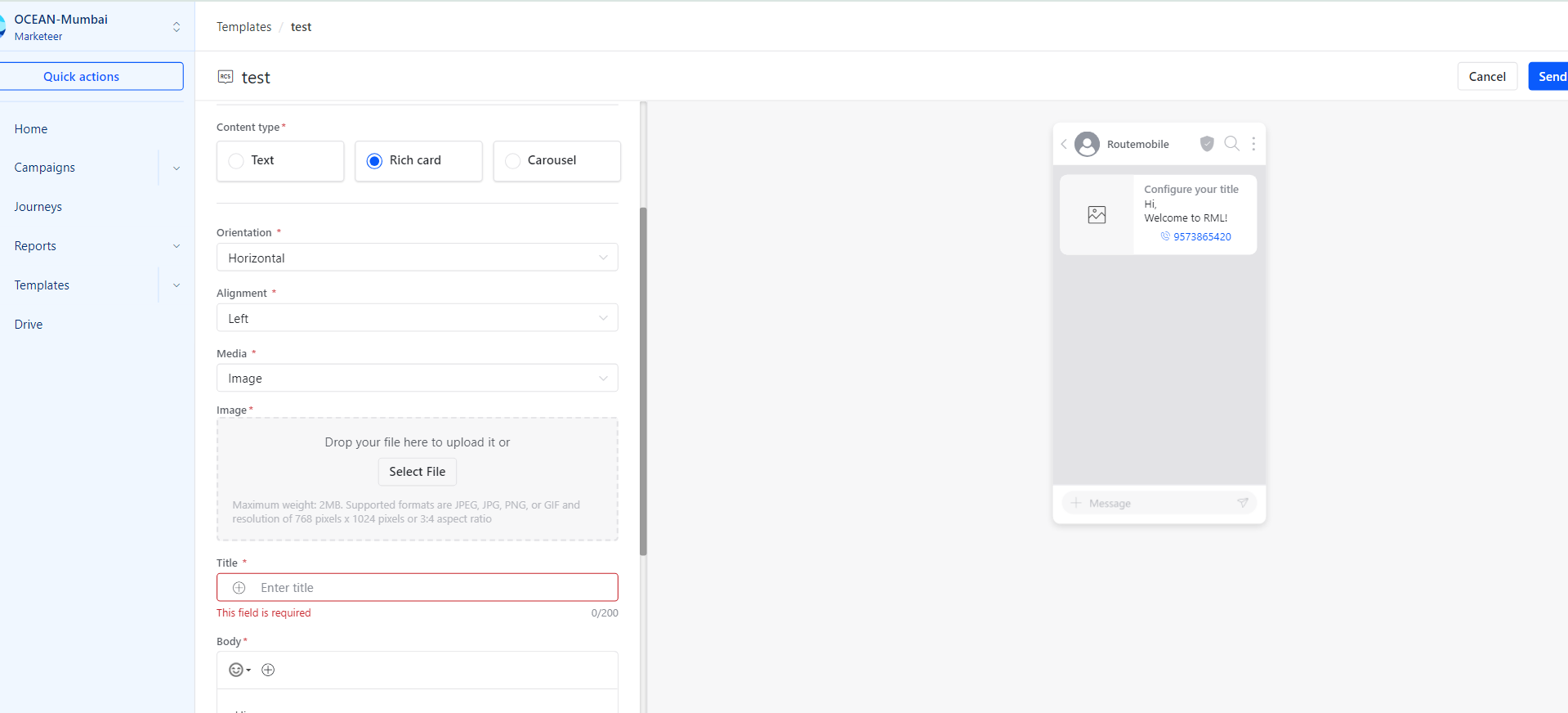 RCS rich card template configuration