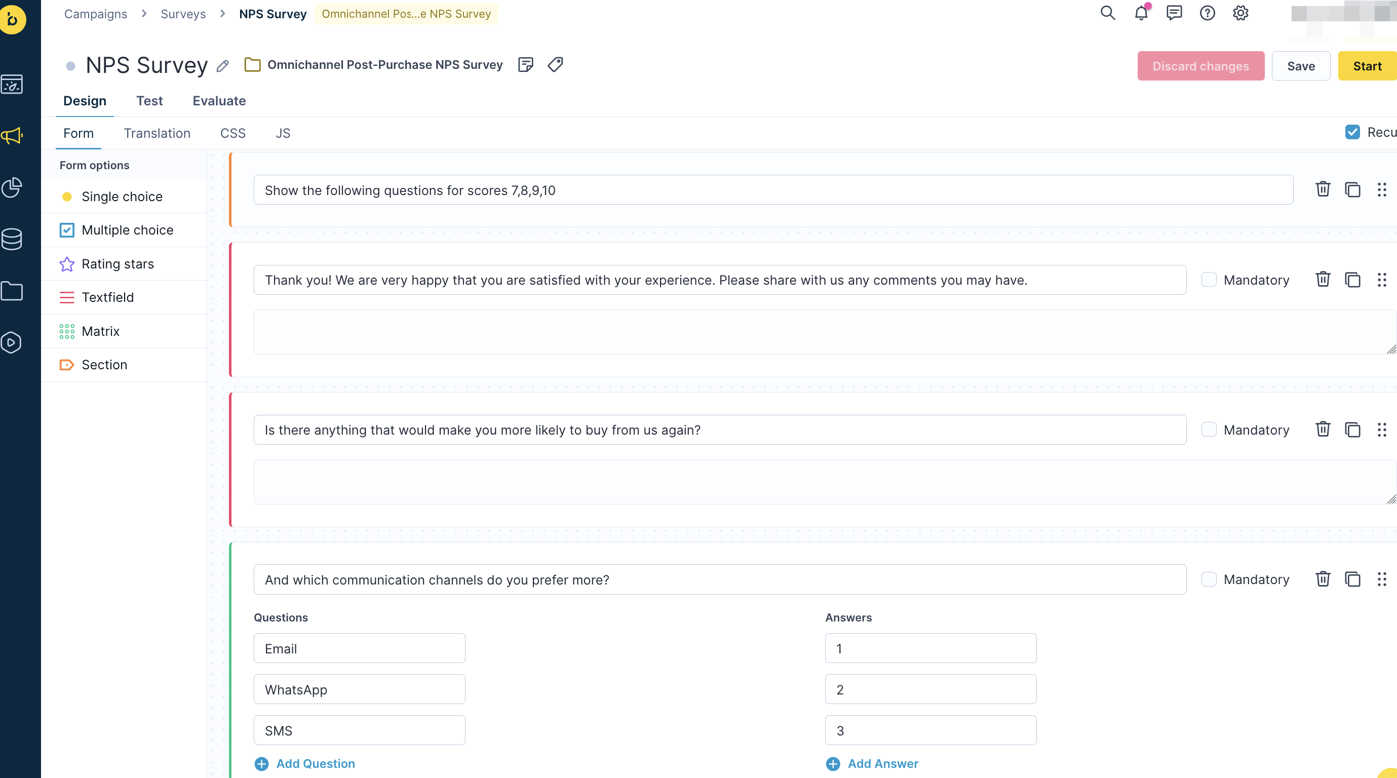 ![Conditional follow-up question configuration based on NPS score in survey editor - rating 7 and more
