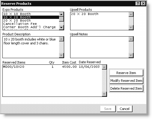 From Exposition, select Manage prospect lists, select an exposition, click Load Prospect List, click Exhibitor Sales, and click Reserve Booths
