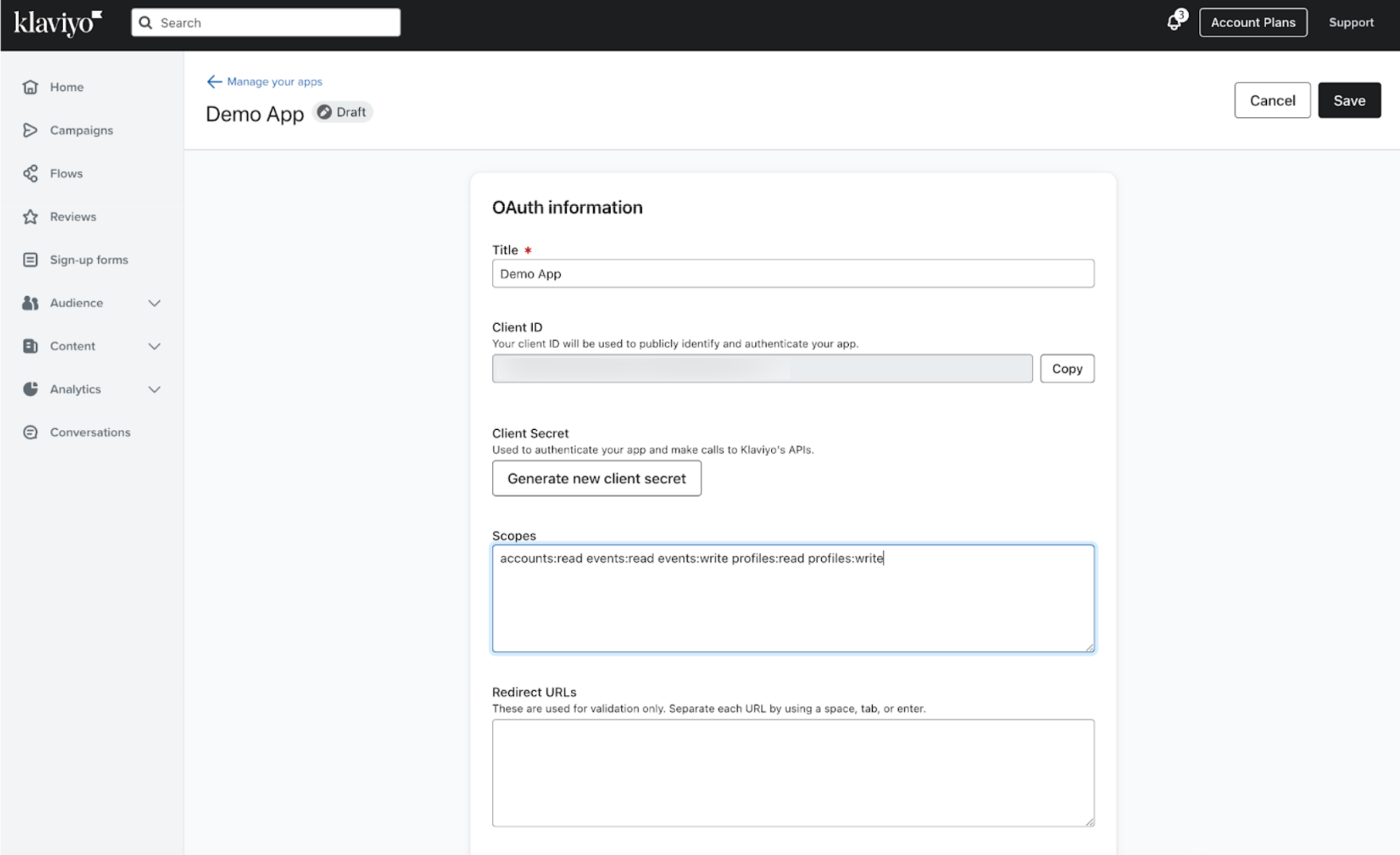 Demo app draft page in Klaviyo showing OAuth settings including scopes