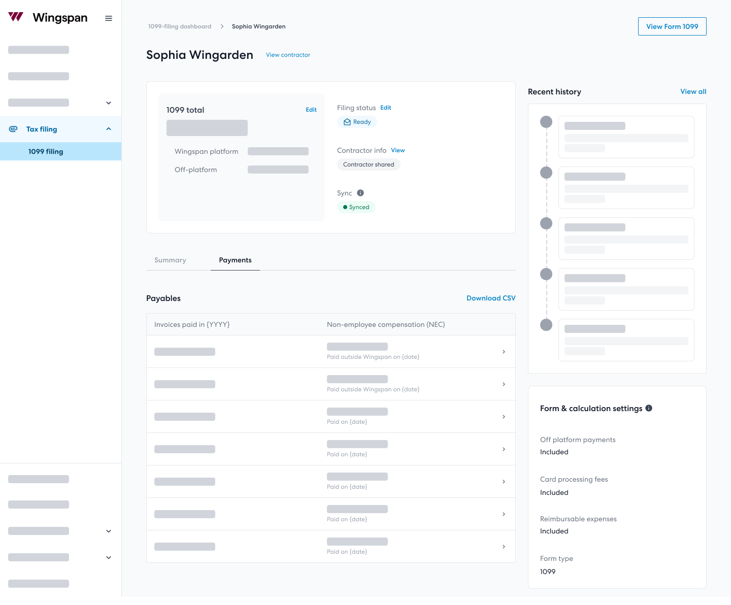 1099-NEC detail page payments tab example
