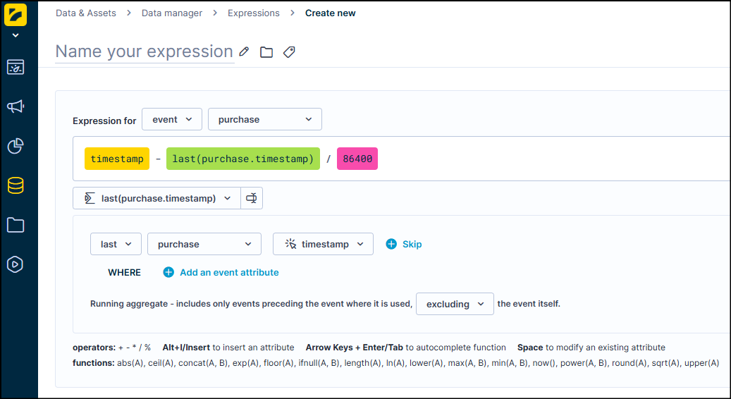 Expression setup screen calculating days between purchases