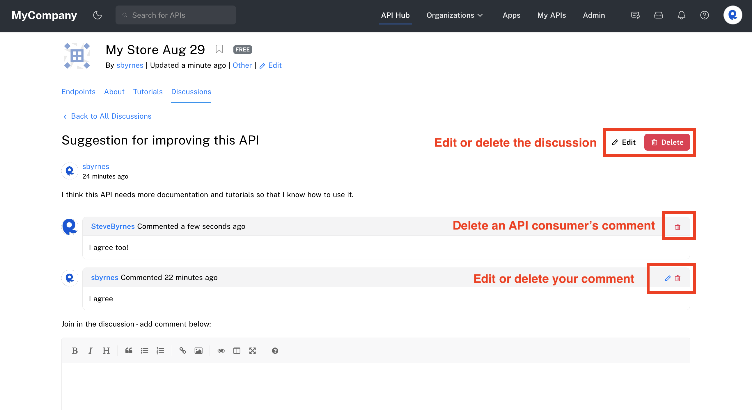 An API provider's view of an API's Discussions tab, where discussions and comments can be edited or deleted.