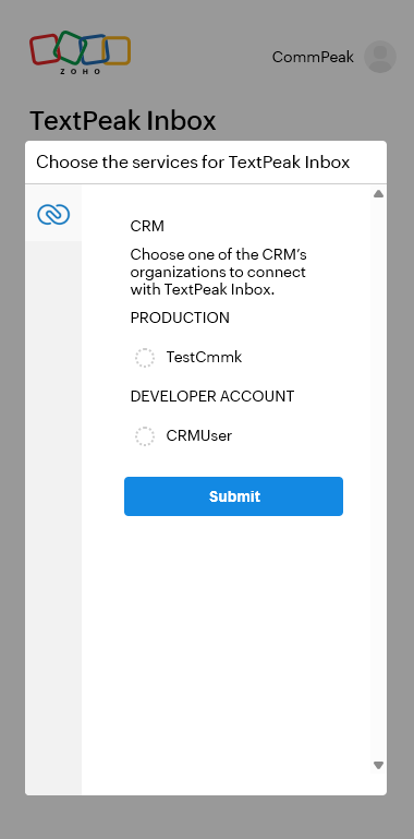 Screenshot of selecting a connected CRM