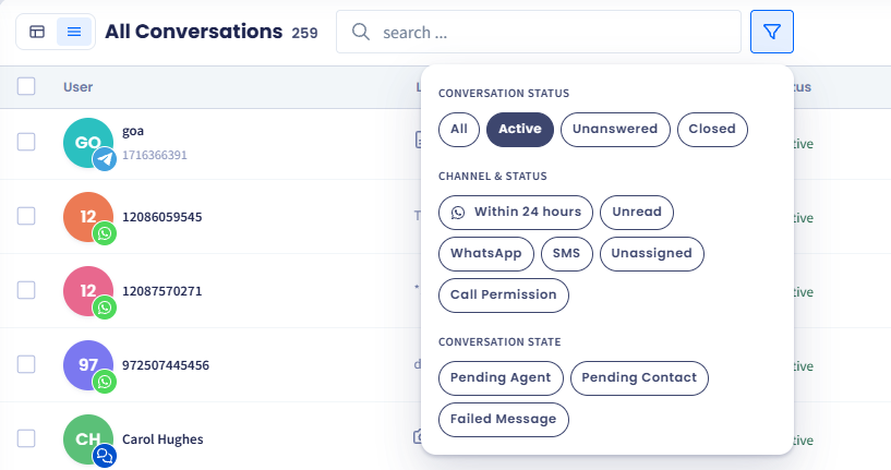Screenshot of the filter panel open above the conversation table, showing the Conversation status, Channel and status, and Conversation state filter groups