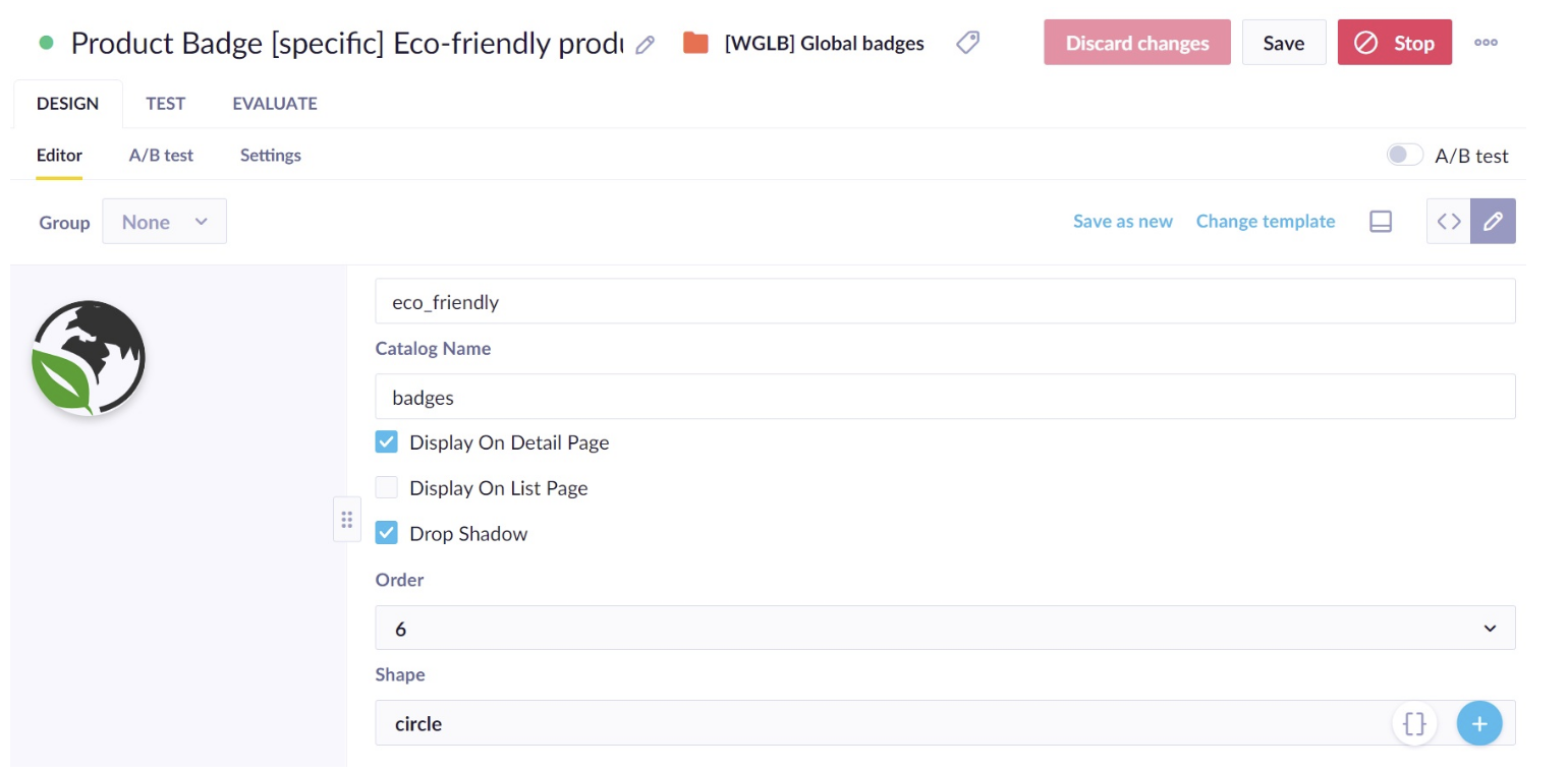 Badge weblayer editor showing all configuration parameters (Badge Image URL, Badge Title, Display options, Shape, Drop Shadow, Order).