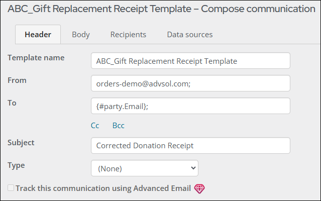 Header tab of communication template