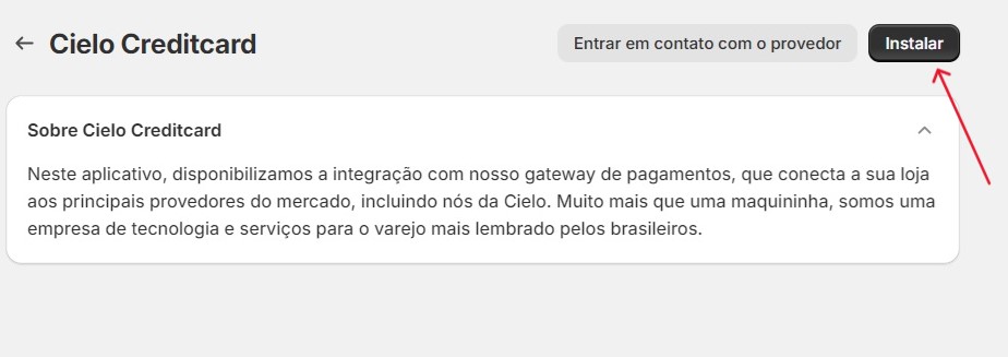 Tela para instalação cartão de crédito