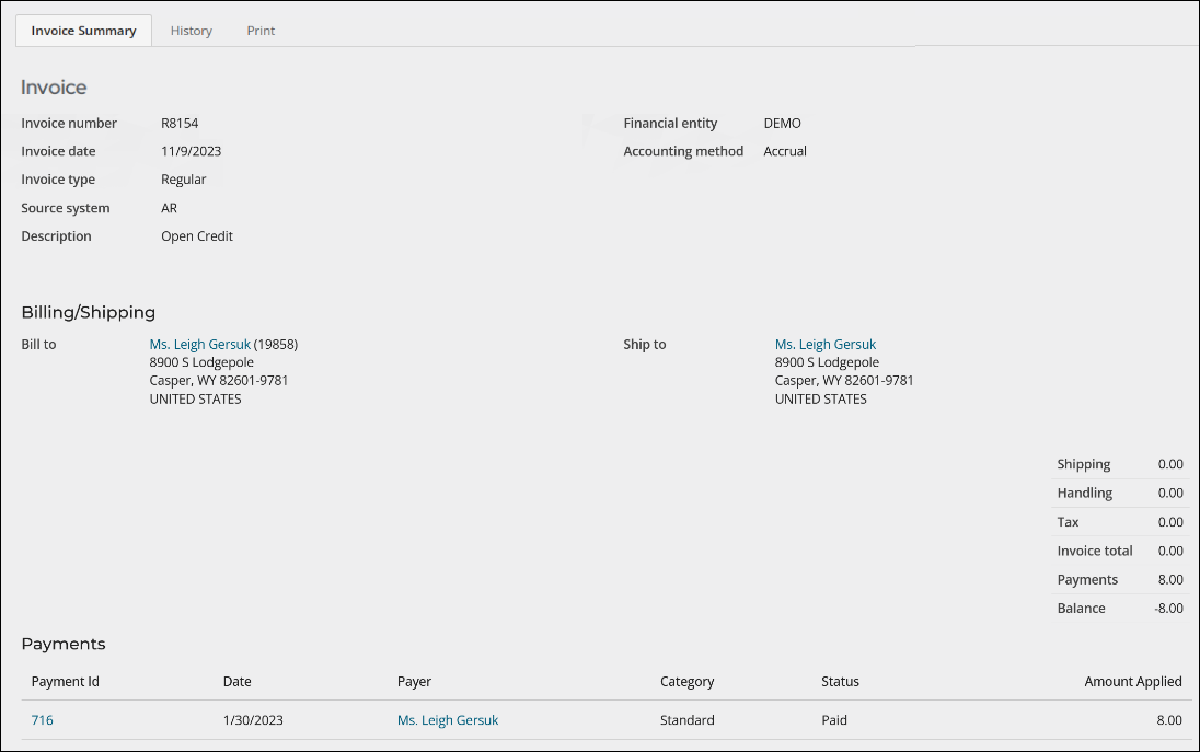 A new open credit invoice.