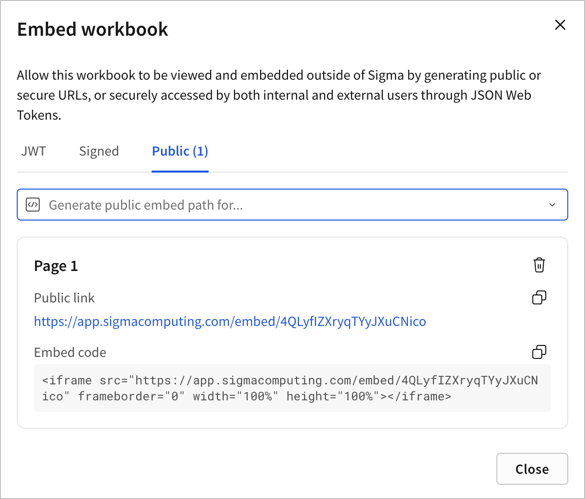 Embed workbook modal with generated public link and the embed code for the generated public embed visible. The embed code provides default iframe syntax.