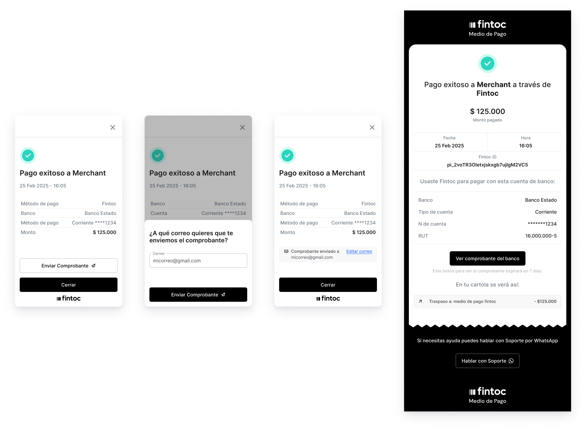 Flujo para solicitar comprobante de pago exitoso por correo en el widget + ejemplo de correo enviado