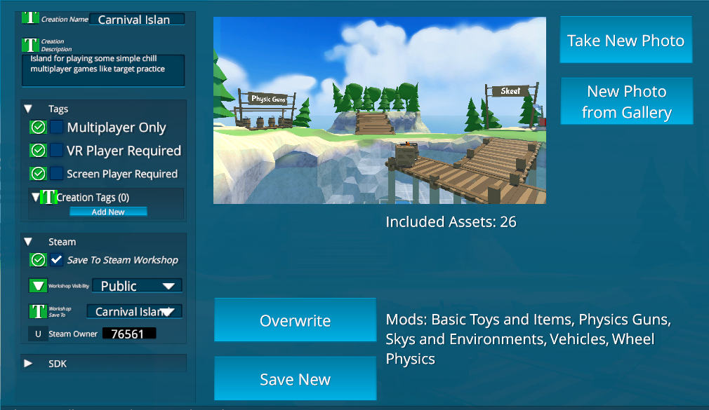 When saving a Creation use the 'Save To Steam Workshop' checkbox. You can then set the visibility - and select to override one of your already uploaded creations.