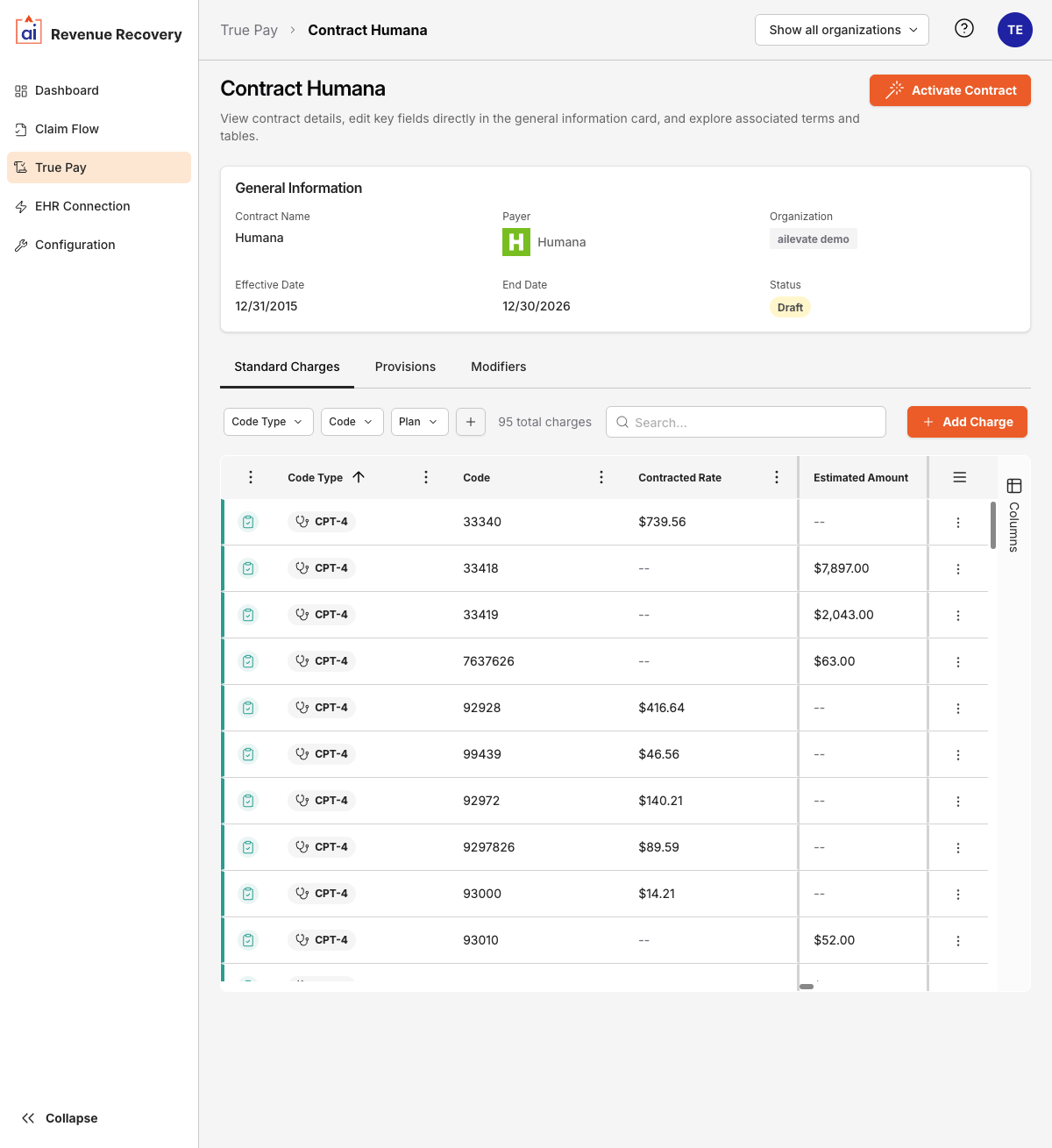 Contract detail view showing the General Information card and Standard Charges, Provisions, and Modifiers tabs
