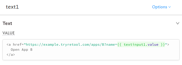 別のRetoolアプリケーションを開いてデータを渡すリンクになるように、Textコンポーネントの値を設定します