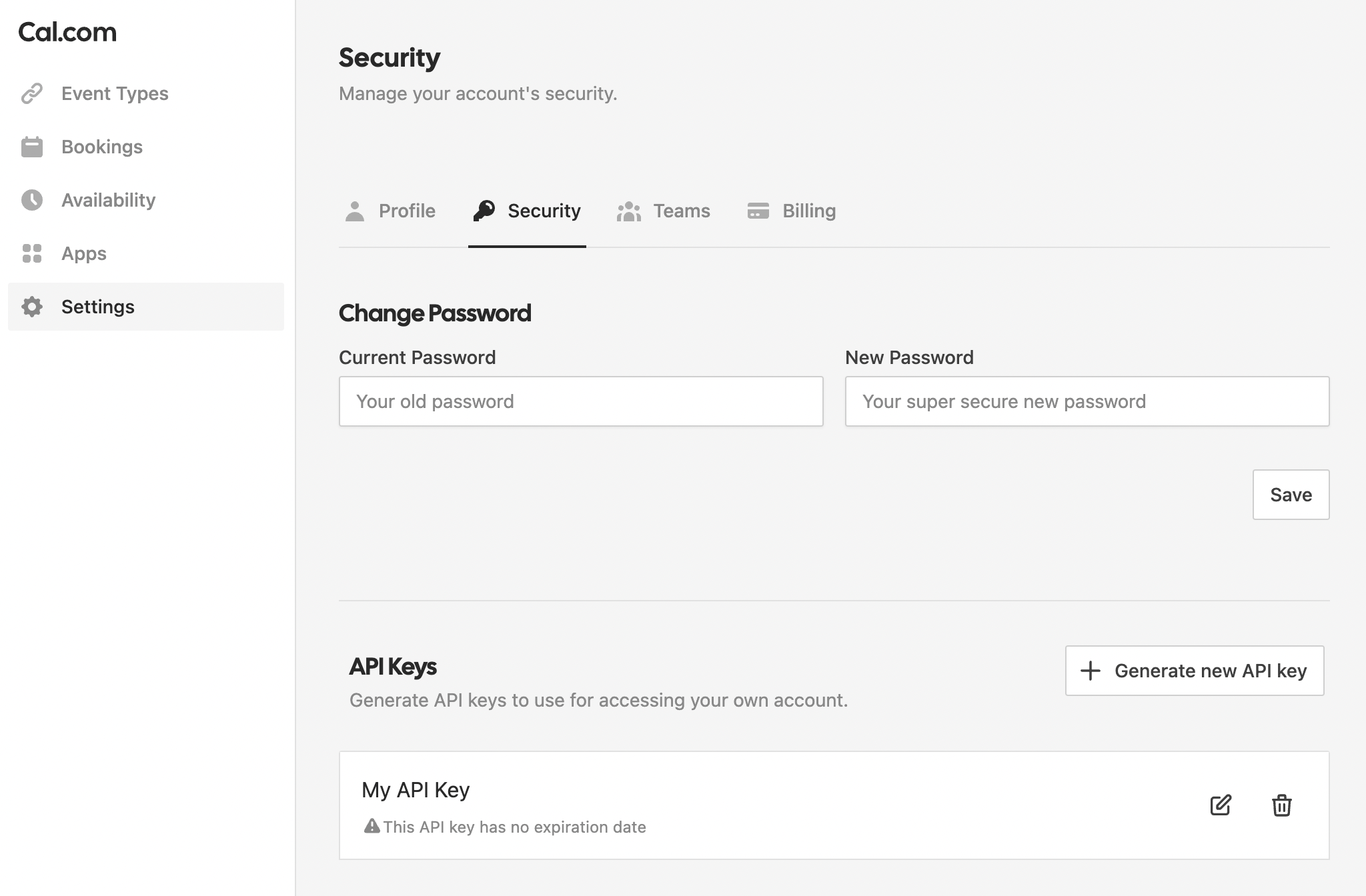 API Keys are under Settings > Security