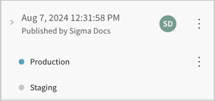 Version history entry with a row for a timestamp, a row for the Production tag, and a row for the Staging tag.