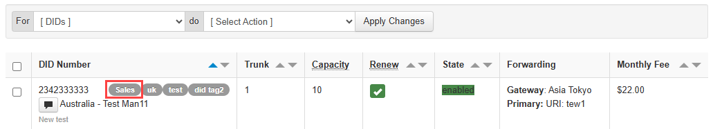 Screenshot of the tag added to the DID number