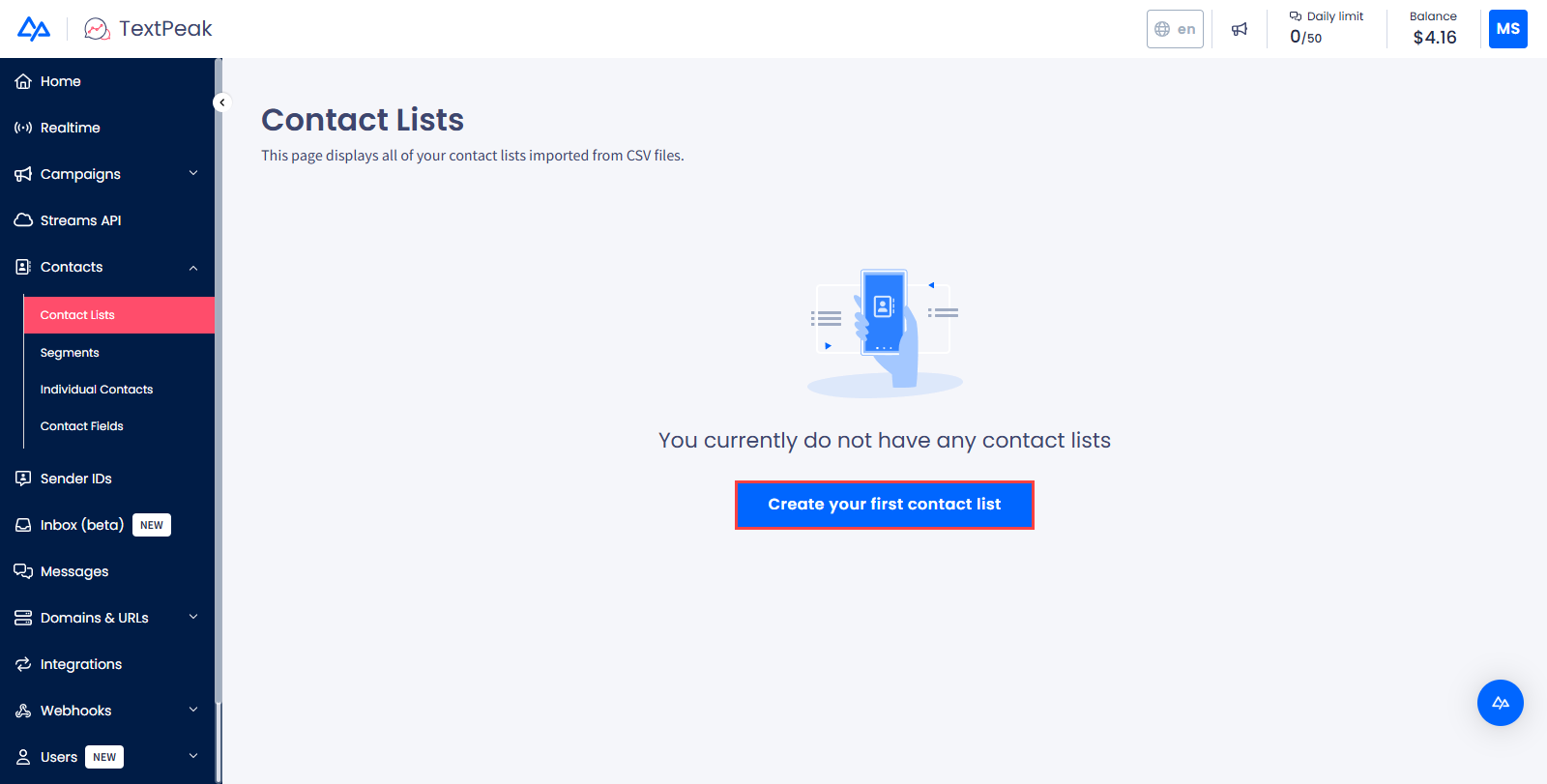 Screenshot of the **Contact Lists** page
