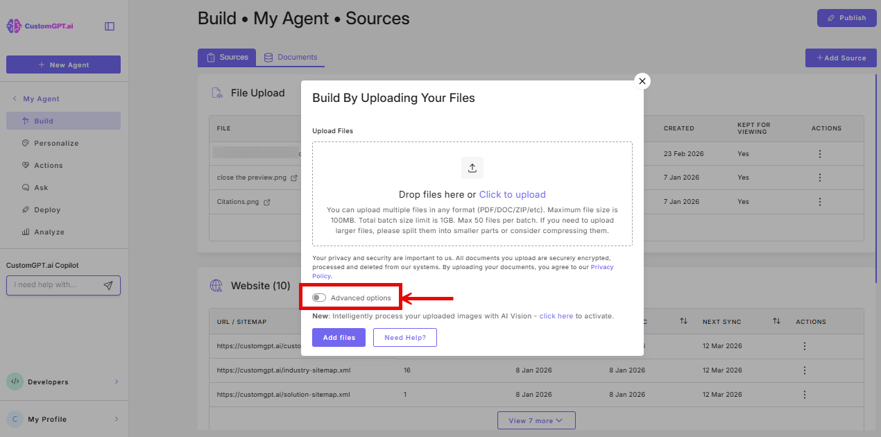 screenshot: advanced options toggle on the upload files modal