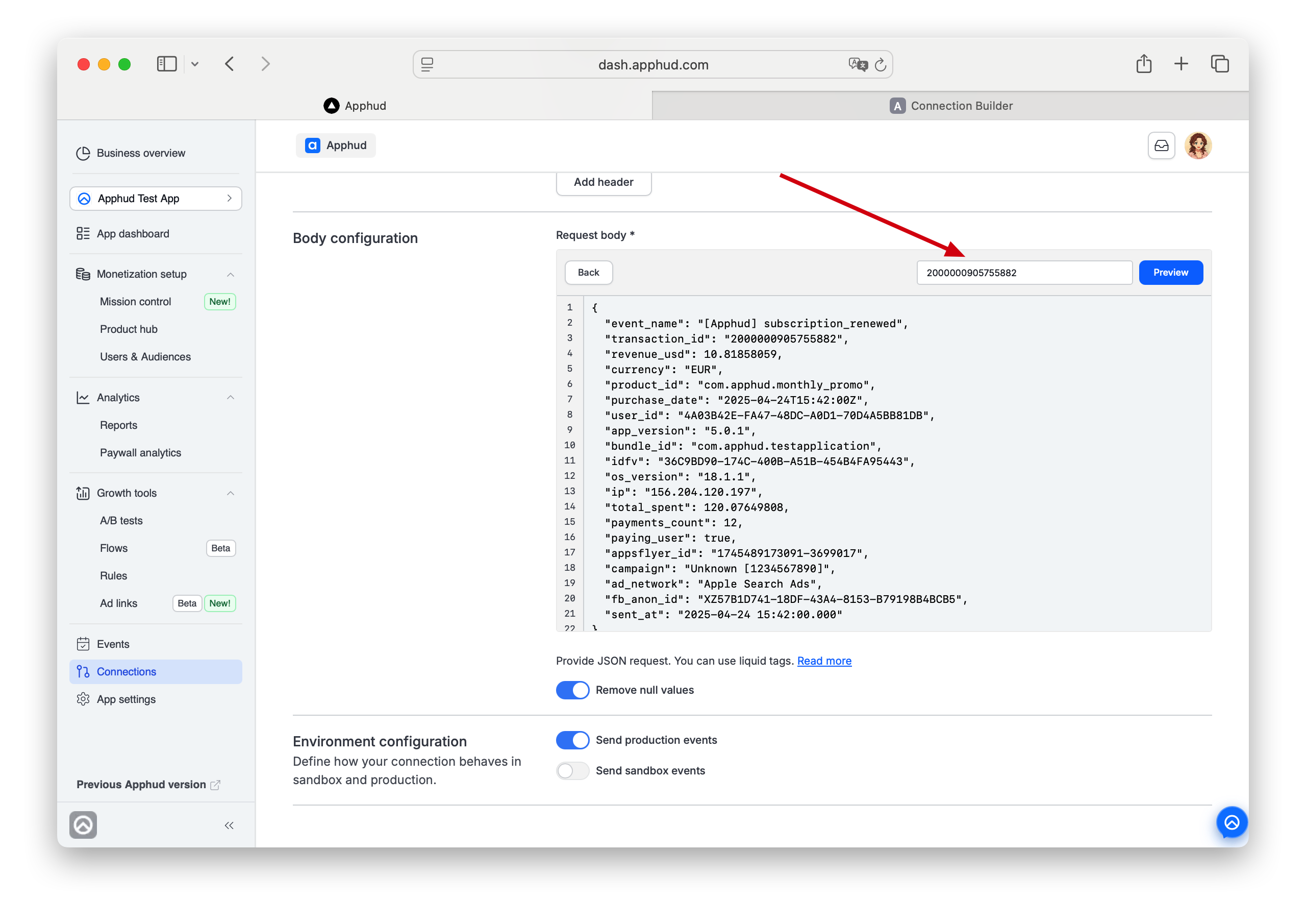 Apphud Connection Builder - payload Preview for a transaction ID