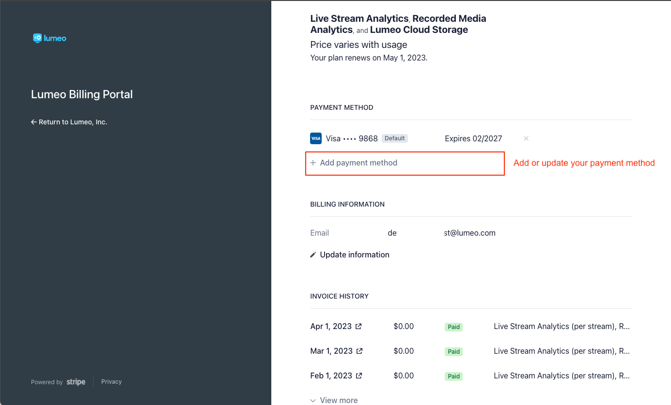 Add or update a payment method, access previous invoices in the Billing portal.