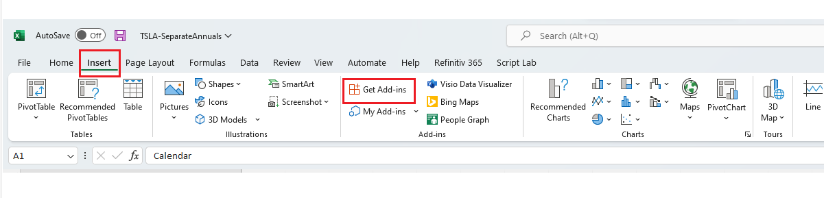 Open Excel, go to “Insert” then “Get Add-in“.