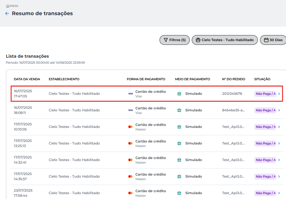 Tela "Resumo de transações" com uma lista de transações exibida. Uma transação com status "Não paga/Autorizada" está filtrada. Uma seta azul ao lado da transação está destacada, indicando onde o usuário pode clicar para visualizar os detalhes.